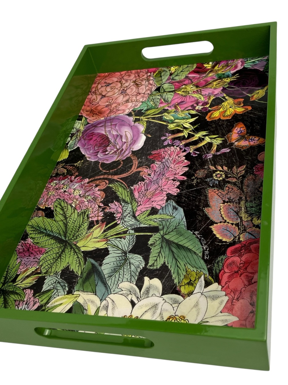 Michel Design Works Lacquered Floral Tray Catchall Plants Green Leaves